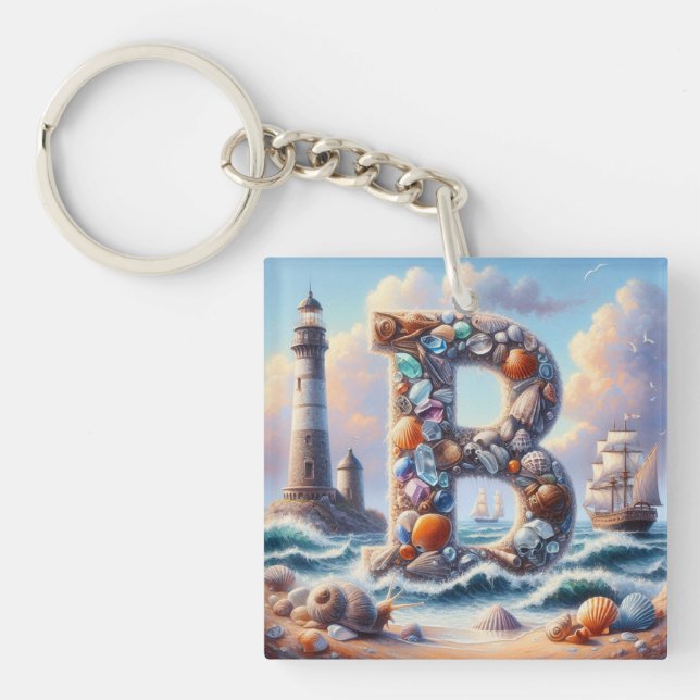 Ocean Seashore Lighthouse Sailboat Monogram B Keychain (Front)