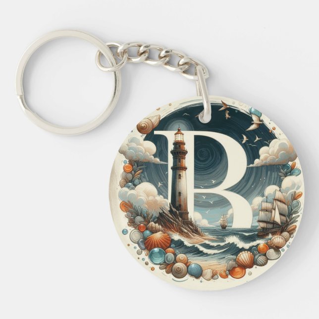 Ocean Seashore Lighthouse Sailboat Monogram B Keychain (Front)