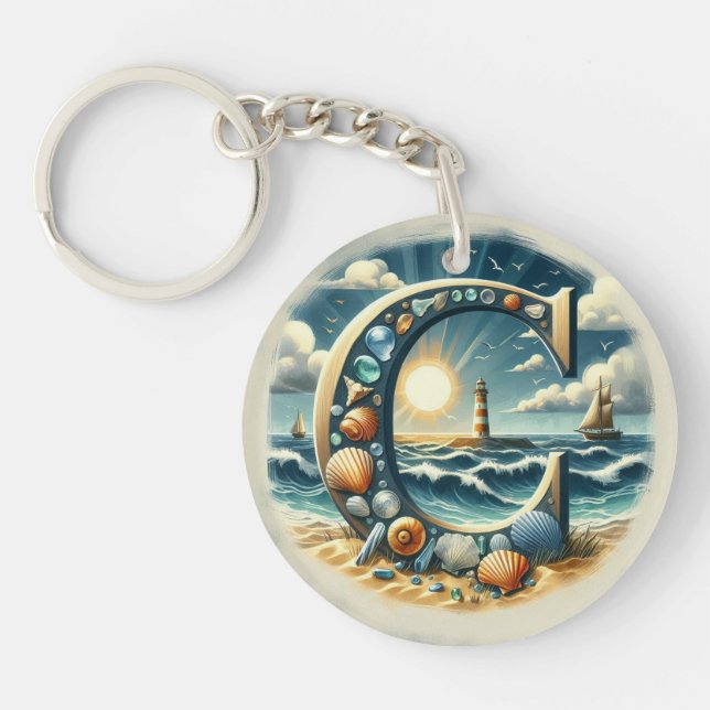 Ocean Seashore Lighthouse Sailboat Monogram C Keychain (Front)