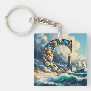 Ocean Seashore Lighthouse Sailboat Monogram C Keychain