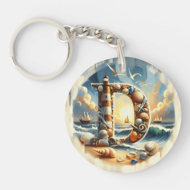 Ocean Seashore Lighthouse Sailboat Monogram D Keychain (Front)