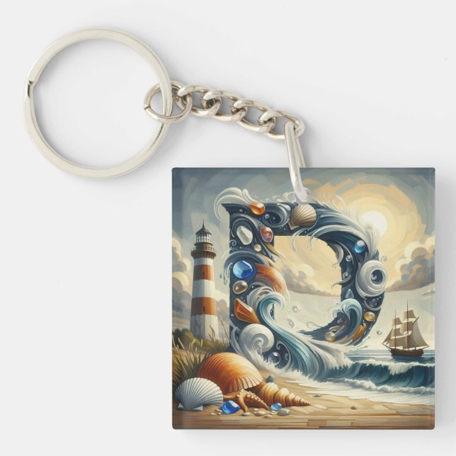 Ocean Seashore Lighthouse Sailboat Monogram D Keychain (Front)
