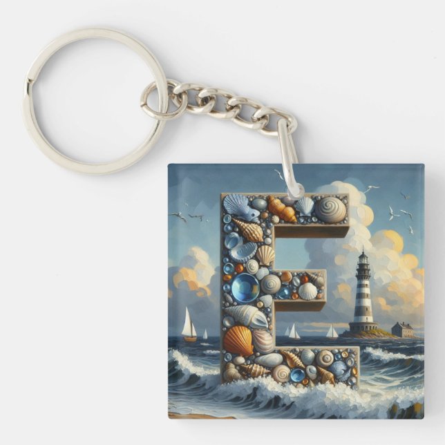 Ocean Seashore Lighthouse Sailboat Monogram E Keychain (Front)