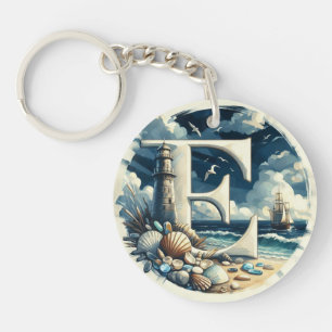 Ocean Seashore Lighthouse Sailboat Monogram E Keychain