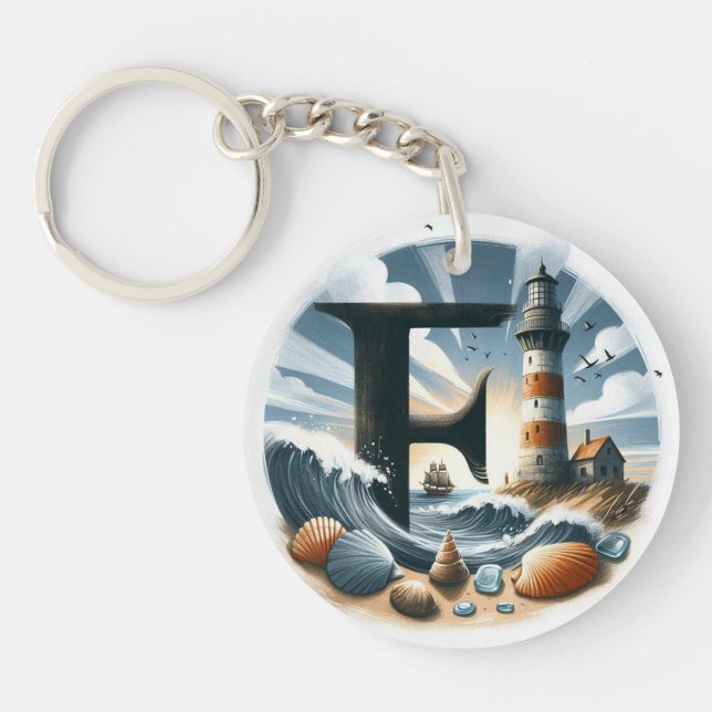 Ocean Seashore Lighthouse Sailboat Monogram F Keychain (Front)