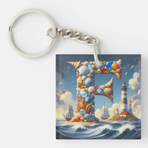 Ocean Seashore Lighthouse Sailboat Monogram F Keychain