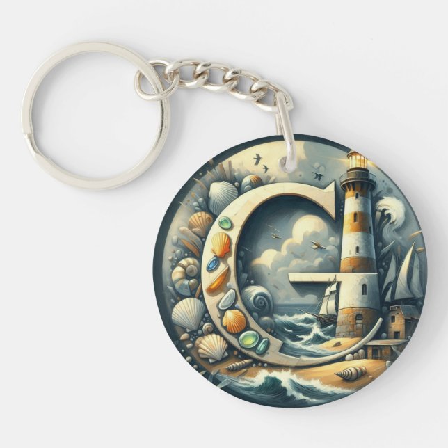 Ocean Seashore Lighthouse Sailboat Monogram G Keychain (Front)