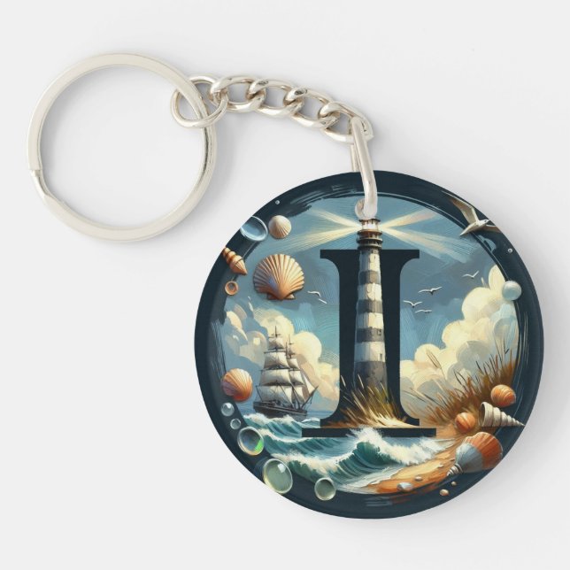 Ocean Seashore Lighthouse Sailboat Monogram I Keychain (Front)
