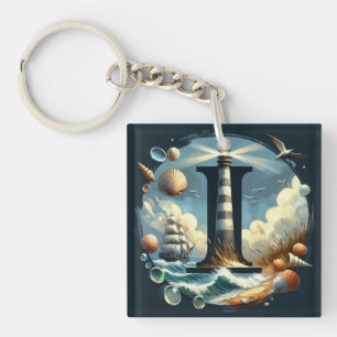 Ocean Seashore Lighthouse Sailboat Monogram I Keychain