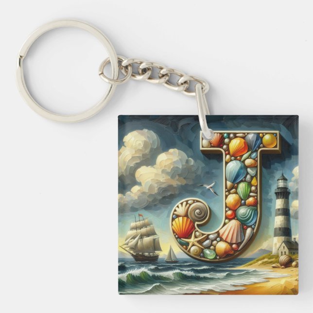 Ocean Seashore Lighthouse Sailboat Monogram J Keychain (Front)
