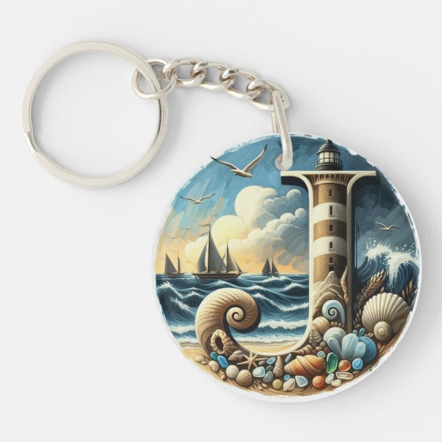 Ocean Seashore Lighthouse Sailboat Monogram J Keychain (Front)