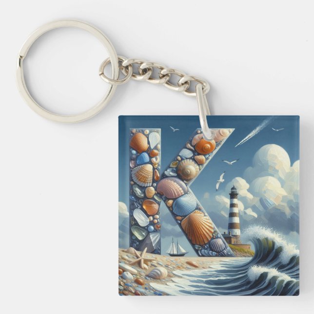 Ocean Seashore Lighthouse Sailboat Monogram K Keychain (Front)