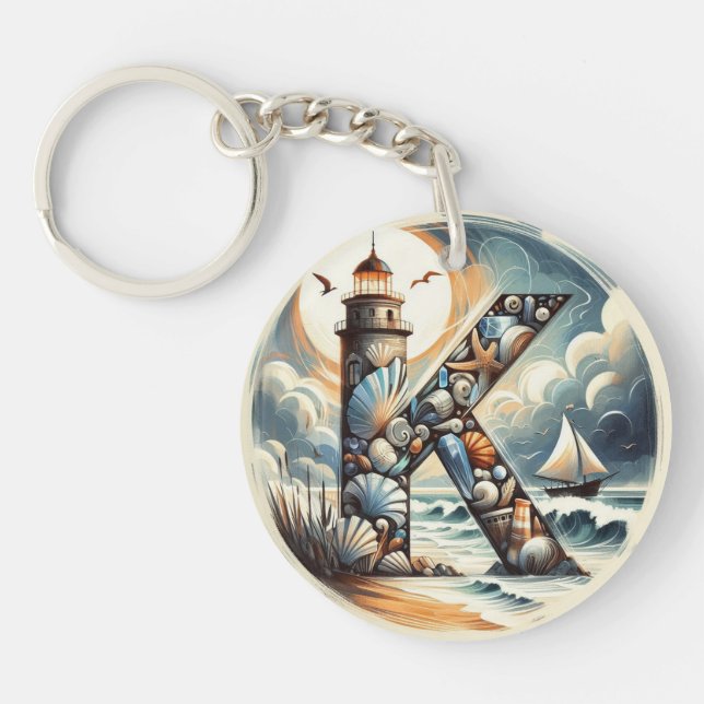 Ocean Seashore Lighthouse Sailboat Monogram K Keychain (Front)