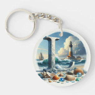 Ocean Seashore Lighthouse Sailboat Monogram L Keychain