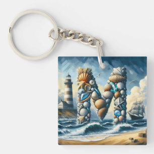 Ocean Seashore Lighthouse Sailboat Monogram M Keychain