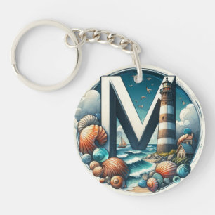 Ocean Seashore Lighthouse Sailboat Monogram M Keychain