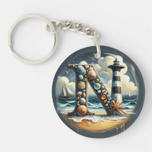 Ocean Seashore Lighthouse Sailboat Monogram N Keychain