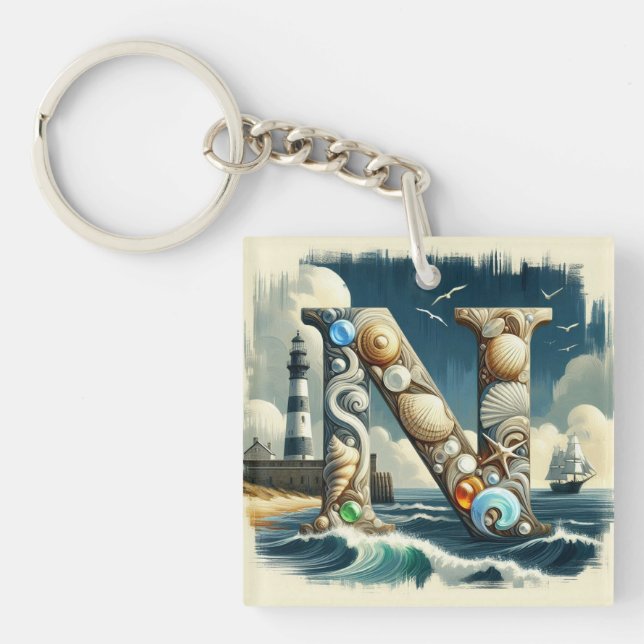 Ocean Seashore Lighthouse Sailboat Monogram N Keychain (Front)