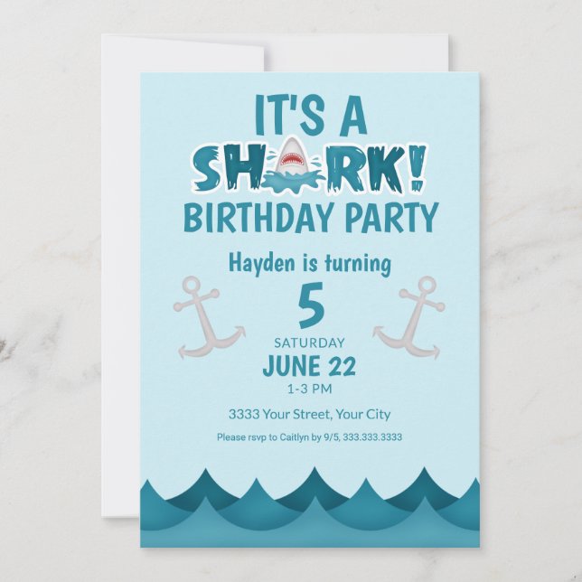 Ocean Shark 5th Birthday Party Invitation (Front)