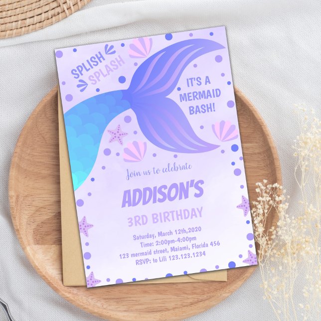 Ocean Shell and Under the Sea Party Invite (Purple Blue Tail Shell Mermaid Invitations)