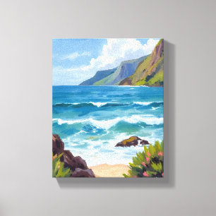 Ocean Shore Blue Waves Watercolor Painting Canvas Print