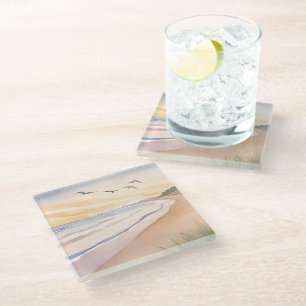 Ocean Shore Bright Airy Watercolor Painting Glass Coaster