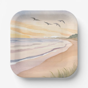 Ocean Shore Bright Airy Watercolor Painting Paper Plate