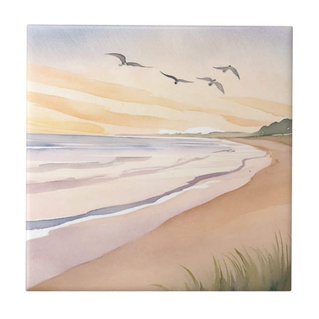 Ocean Shore | Bright Airy Watercolor Painting Tile (Front)