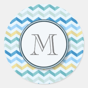 Ocean Shore Chevron Stripes with Round Monogram Classic Round Sticker