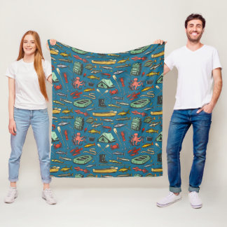 Ocean Shore Rubber Dinghy Fishing Pattern Fleece Blanket