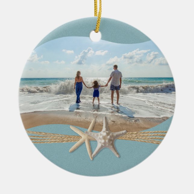 Ocean Sky Blue Starfish Photo Ceramic Ornament (Front)