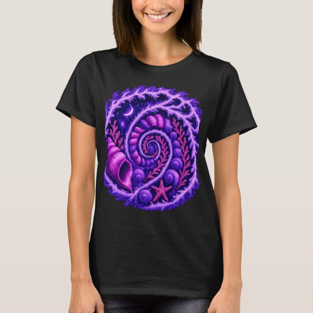 Ocean Spiral Psychedelic Shell Vortex Art | Purple T-Shirt (Front)