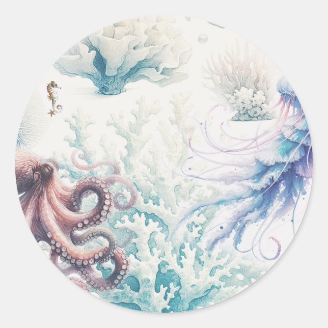 Ocean Splash Sea Watercolor Reef Wedding Classic Round Sticker (Front)