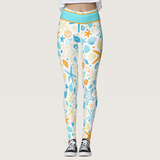 Ocean Starfish and Shells on White Leggings (Front)