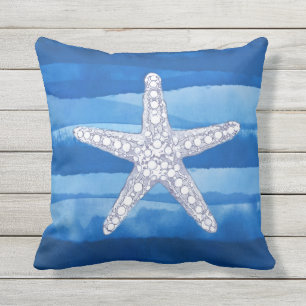 Ocean Starfish Blue White Throw Pillow