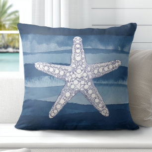 Ocean Starfish Blue White Throw Pillow