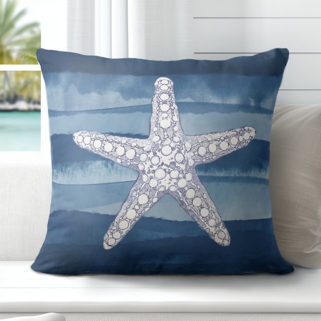 Ocean Starfish Blue White Throw Pillow (Coastal Elegance Redefined: Explore Totally Coast's Exclusive Pillow Designs)