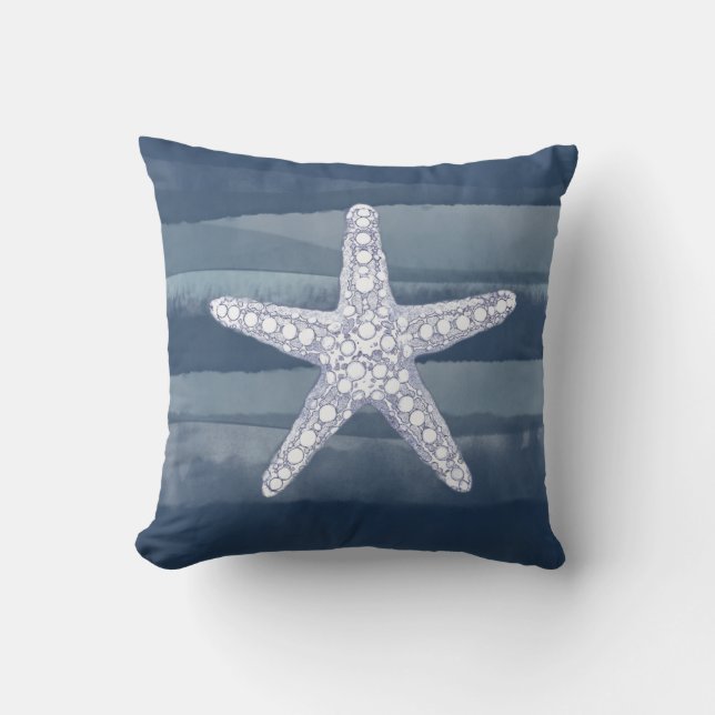 Ocean Starfish Navy Blue White Throw Pillow (Front)
