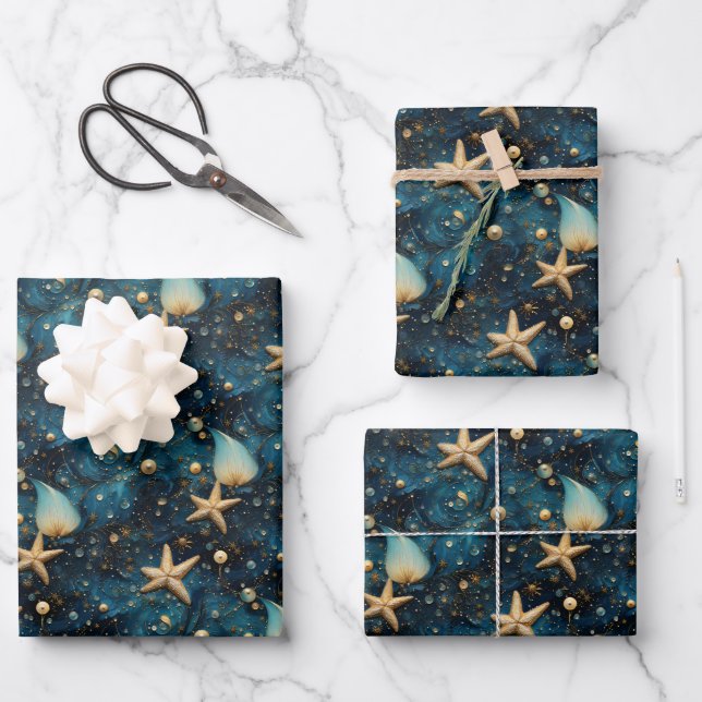 Ocean Starfish Pattern Wrapping Paper Set of 3 (Front)