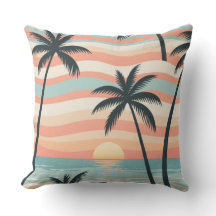 Ocean Stripes & Palms – Tropical Calm Throw Pillow