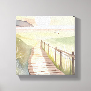 Ocean Stroll   Yellow Sunset Watercolor Canvas Print