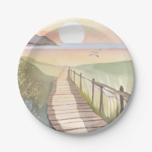 Ocean Stroll   Yellow Sunset Watercolor Paper Plate