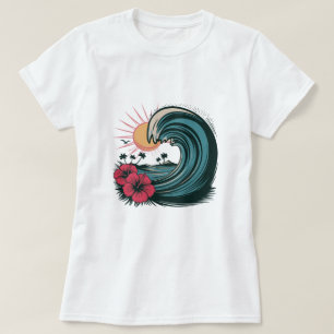 Ocean Summer Beach Island Waves red hibiscus T-Shirt