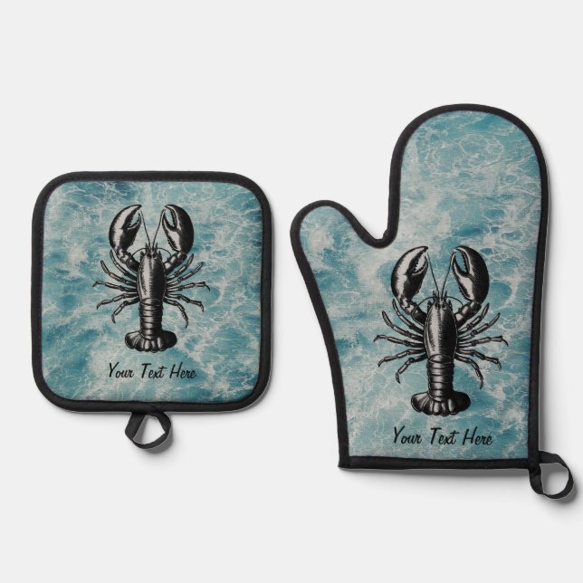 Ocean Summer Beach Waves Lobster Personalized Oven Mitt & Pot Holder Set (Front)