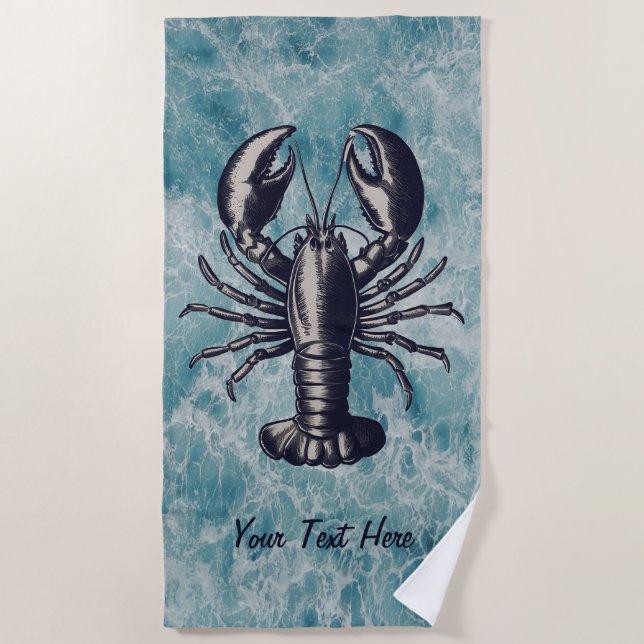 Ocean Summer Beach Waves Lobster Personalized Towel (Front)