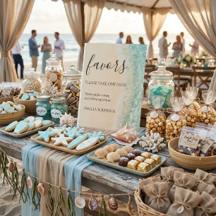 Ocean Summer Blue Beach White Sand Wedding Favours Pedestal Sign