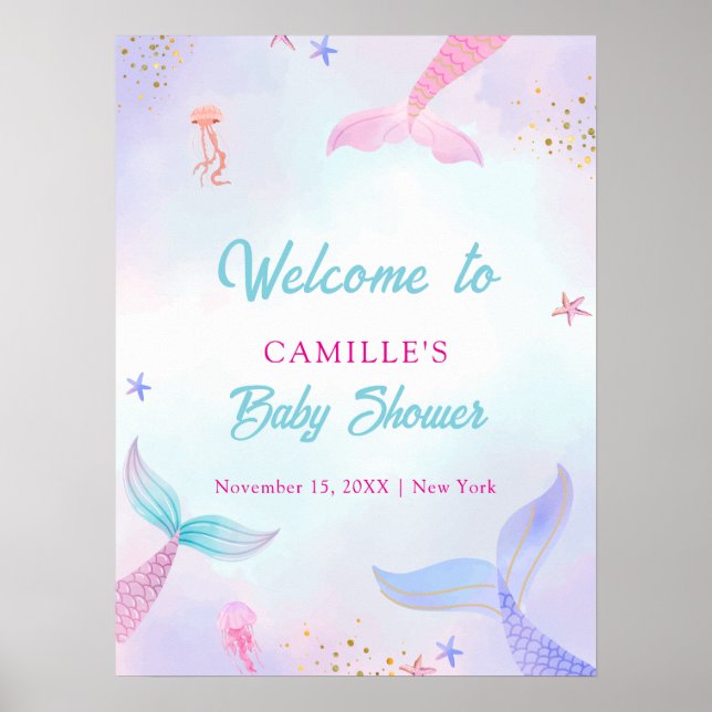 Ocean Summer Mermaid Tail Baby Shower Welcome  Poster (Front)