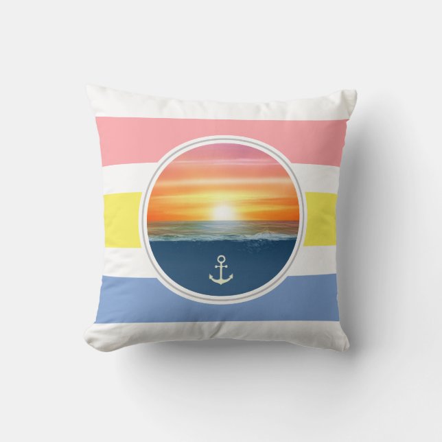 Ocean sunrise and pastel primary colours throw pillow (Front)