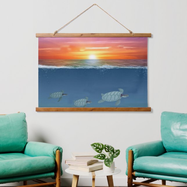 Ocean Sunrise and Swimming Sea Turtles Hanging Tapestry (Living Room)