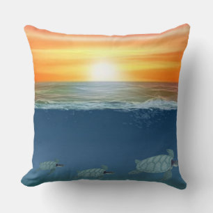 Ocean sunrise and swimming turtles throw pillow